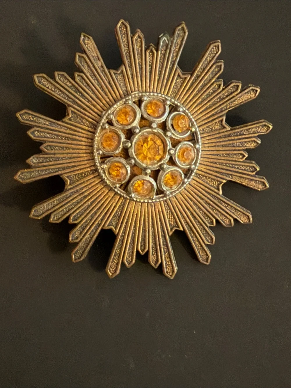 Vintage 1950s Atomic Starburst Brooch Pin Amber Rhinestone Gold Tone MCM